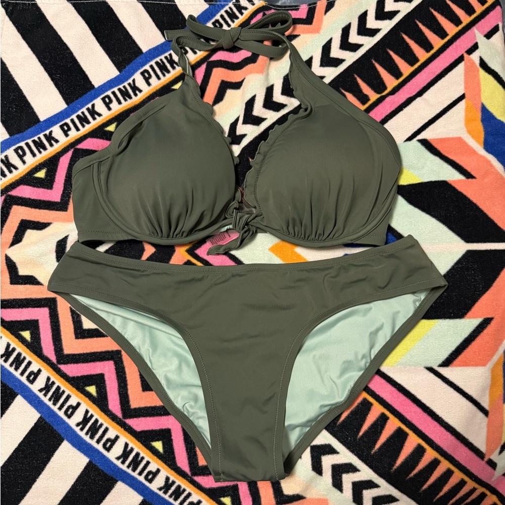 Victorias Secret Push Up Olive Green Halter Bikini Set